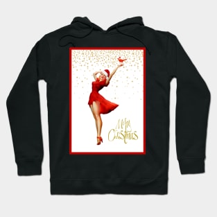 Christmas Pin-Up In Red Dress and Santa Hat Hoodie